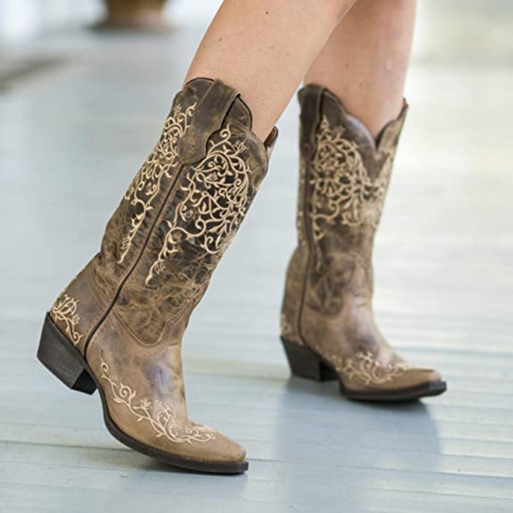 Laredo Taupe Embordered Design Cowgirl Western Jasmine Snip Heel Boot Size 10